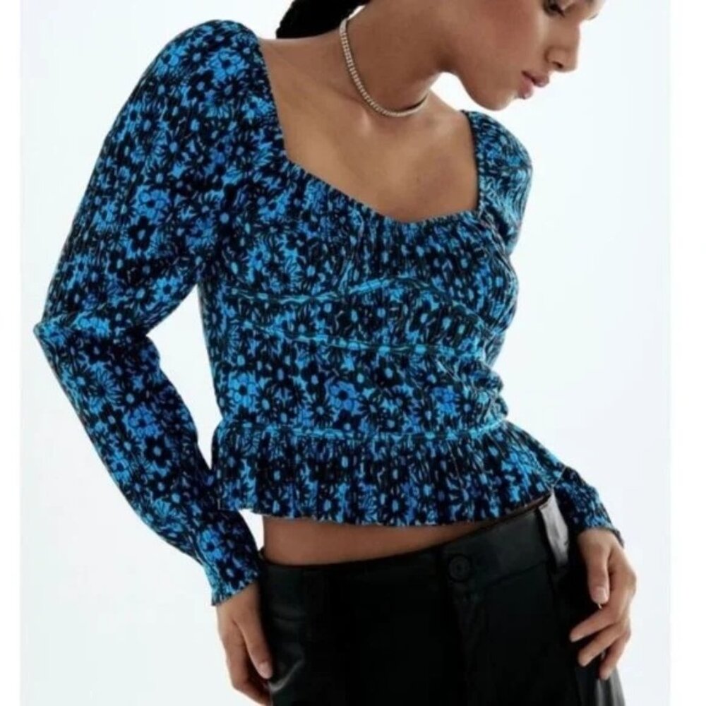Zara Blue & Black Floral Print Smocked Cropped Long Sleeve Top S